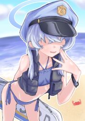 Rule 34 | 1girl, beach, bikini, blindfold, blue archive, blue bikini, blue sky, breasts, crab, egoist (mashimashiy), grey eyes, grey hair, hat, highres, looking at viewer, ocean, official alternate costume, sand, sky, small breasts, solo, swimsuit, valkyrie police academy student (blue archive)