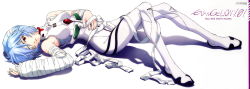 Rule 34 | 00s, 1girl, absurdres, ayanami rei, bandage over one eye, bandaged arm, bandaged head, bandages, bare shoulders, blue hair, breasts, cast, copyright name, english text, evangelion: 1.0 you are (not) alone, eyepatch, from side, full body, halterneck, hand on own stomach, highres, knees up, logo, long image, looking at viewer, lying, matsubara hidenori, neon genesis evangelion, official art, on back, pale skin, parted lips, pilot suit, plugsuit, rebuild of evangelion, red eyes, sarashi, scan, shadow, short hair, solo, turtleneck, unitard, untied, wide image