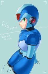 Rule 34 | 1boy, armor, blue armor, blue background, blue helmet, dated, forehead jewel, from side, green eyes, highres, looking at viewer, male focus, mega man (series), mega man day, mega man x (series), o deko, shoulder armor, smile, solo, twitter username, upper body, x (mega man)