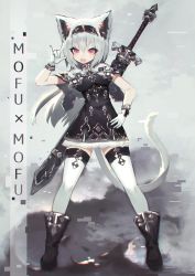 Rule 34 | 1girl, animal ear fluff, animal ears, boots, cat ears, cat girl, cat tail, copyright request, dress, gloves, headband, mamuru, red eyes, silver hair, sword, tail, thighhighs, weapon