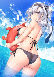 Rule 34 | 1girl, ^^^, ahoge, ass, back, bare arms, bare back, bare shoulders, bikini, black bikini, black hairband, black ribbon, blue hair, blue sky, blush, breasts, closed mouth, clothes writing, commentary request, cowboy shot, day, dutch angle, enemy lifebuoy (kancolle), from behind, hair ornament, hairband, highres, holding, horizon, innertube, kantai collection, large breasts, long hair, looking at viewer, looking back, ocean, one side up, outdoors, ribbon, ruschuto, side-tie bikini bottom, sideboob, silver hair, sky, smile, suzutsuki (kancolle), swim ring, swimsuit, water, wet