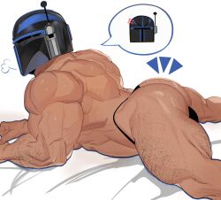 Rule 34 | 1boy, bara, bed, bed sheet, biceps, bulge, covered face, feet out of frame, hairy, helmet, highres, jaxcian, male focus, manly, mature male, muscular, muscular male, no pants, on bed, original, simple background, spread legs, star wars, thick arms, thick thighs, thighs, thong, topless male, veins, white background
