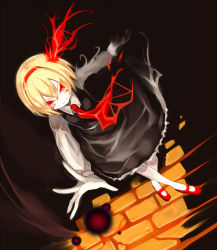 Rule 34 | 1girl, ascot, black dress, blonde hair, darkness, dress, energy ball, glowing, glowing eyes, hair ribbon, kozou (soumuden), long sleeves, looking at viewer, outstretched arm, outstretched hand, red eyes, red footwear, ribbon, rumia, shirt, shoes, short hair, solo, torn ribbon, touhou