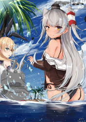 Rule 34 | 10s, 2016, 2girls, absurdres, amatsukaze (kancolle), artist name, ass, beach, black panties, blonde hair, blue eyes, blush, bow, choker, cloud, cowboy shot, crop top, dated, day, dress, elbow gloves, eyebrows, from behind, garter straps, gloves, grey hair, hair bow, hair tubes, headgear, highres, kantai collection, long hair, looking at viewer, multiple girls, off shoulder, open mouth, outdoors, palm tree, panties, rensouhou-kun, sailor, sailor dress, shimakaze (kancolle), side-tie panties, sky, sleeveless, slm, torn clothes, tree, two side up, underwear, wading, water drop, wet, yellow eyes