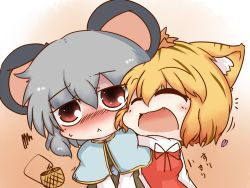 Rule 34 | 2girls, :&lt;, ^ ^, animal ears, basket, blonde hair, blush, capelet, cheek-to-cheek, chibi, closed eyes, dekasudachin, dress, closed eyes, fang, female focus, grey dress, grey hair, hair ornament, heads together, heart, jewelry, kemonomimi mode, mouse ears, mouse tail, multiple girls, nazrin, necklace, open mouth, pendant, red dress, short hair, tail, tiger ears, toramaru shou, touhou