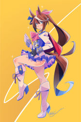 Rule 34 | 1girl, :o, animal ears, asymmetrical gloves, black gloves, blue eyes, boots, brown hair, callan (callancoe), capelet, gloves, hair ribbon, high heel boots, high heels, horse ears, horse girl, horse tail, knee boots, long hair, multicolored hair, pink neckwear, ponytail, red capelet, ribbon, signature, simple background, solo, sparkle, standing, standing on one leg, streaked hair, tail, tokai teio (umamusume), two-tone background, umamusume, white footwear, white gloves, white hair