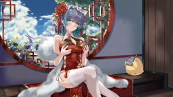 Rule 34 | absurdres, alternate costume, animal ears, architecture, azur lane, bare shoulders, blue hair, blue sky, breast lift, breasts, cat ears, cheshire (azur lane), china dress, chinese clothes, cleavage, cleavage cutout, clothing cutout, cloud, dress, east asian architecture, fake animal ears, feather boa, flower, highres, indoors, large breasts, looking at viewer, manjuu (azur lane), multicolored hair, pelvic curtain, purple hair, red dress, red flower, sitting, sky, sleeveless, sleeveless dress, streaked hair, thighhighs, two-tone hair, white legwear, whitecatcat, wooden floor