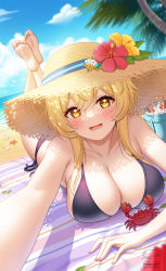Rule 34 | 1girl, animal, artist name, bare shoulders, barefoot, beach, bikini, blonde hair, blue sky, blush, breasts, brown hat, cleavage, cloud, collarbone, commentary, crab, day, feet, fingernails, flower, flower hat, fukuro daizi, genshin impact, hat, highres, large breasts, long hair, lumine (genshin impact), lying, ocean, on stomach, open mouth, outdoors, palm tree, signature, sky, smile, soles, solo, straw hat, swimsuit, teeth, the pose, toes, tree, yellow eyes