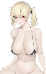 Rule 34 | 1girl, absurdres, bad id, bad twitter id, bare shoulders, bikini, bikini top only, black bikini, blonde hair, bottomless, breasts, breasts apart, hair between eyes, highres, large breasts, medium hair, mole, mole on breast, mole on crotch, mole on shoulder, mole under mouth, navel, norunollu, original, parted lips, red eyes, shadow, simple background, solo, swimsuit, twintails, upper body, white background