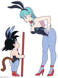 Rule 34 | 1boy, 1girl, age difference, animal costume, animal ears, aqua hair, ass, black leotard, blue eyes, blue pantyhose, bow, bowtie, breasts, bulma, crossdressing, curvy, detached collar, dragon ball, dragon ball (classic), eye contact, fake animal ears, femdom, full body, hands on own hips, height difference, highleg, highleg leotard, highres, leaning forward, leotard, long hair, looking at another, medium breasts, monkey tail, pantyhose, playboy bunny, polearm, rabbit costume, rabbit ears, rabbit tail, red bow, red bowtie, red footwear, shiny clothes, shiny skin, simple background, size difference, son goku, spiked hair, staff, standing, strapless, strapless leotard, tail, teenage girl and younger boy, weapon, white background, wide hips, wrist cuffs, yonezawa mao