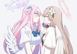 Rule 34 | 2girls, angel wings, blue archive, blue bow, blue bowtie, blush, bow, bowtie, brown hair, capelet, closed mouth, coconatt021, commentary, dress, flower, hair bun, hair flower, hair ornament, halo, hand on another&#039;s face, highres, long hair, looking at viewer, low wings, mika (blue archive), multiple girls, nagisa (blue archive), pink flower, pink hair, purple flower, scrunchie, simple background, single side bun, upper body, white background, white capelet, white dress, white flower, wings, wrist scrunchie, yuri