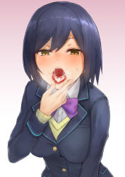 Rule 34 | 1girl, blazer, blue hair, blush, bow, breasts, collared shirt, cum, cum in mouth, cum on tongue, dress shirt, gradient background, hair between eyes, hand to own mouth, jacket, large breasts, long sleeves, looking at viewer, nijisanji, nose blush, open mouth, purple bow, school uniform, shirt, shizuka rin, short hair, solo, sweatdrop, toima (beat0829), vest, virtual youtuber, white shirt, yellow eyes, yellow vest