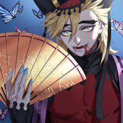 Rule 34 | 1boy, black hat, black shirt, blonde hair, blood, blood on face, blue background, blue nails, bug, butterfly, demon boy, douma (kimetsu no yaiba), fangs, fingernails, gradient background, hair between eyes, hand fan, hand up, hat, highres, himmel (allsky83), holding, holding fan, insect, kimetsu no yaiba, long hair, long sleeves, looking at viewer, male focus, multicolored eyes, nail polish, open mouth, rainbow eyes, red shirt, sharp fingernails, shirt, smile, solo, thick eyebrows, tsurime, turtleneck, two-tone shirt