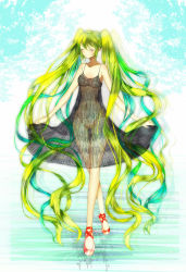 Rule 34 | 1girl, absurdly long hair, dress, closed eyes, green hair, hatsune miku, highres, crossed legs, long hair, modern afro, no bra, no panties, see-through, skirt hold, solo, standing, thigh gap, twintails, very long hair, vocaloid, watson cross