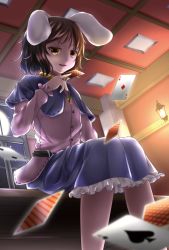 Rule 34 | 1girl, alternate costume, animal ears, aru0607, belt, blouse, brown hair, capelet, card, ceiling, diamond (shape), frilled skirt, frills, from below, inaba tewi, indoors, jewelry, long sleeves, looking at viewer, pendant, pink shirt, playing card, rabbit ears, shirt, short hair, sitting, skirt, smirk, solo, spade (shape), touhou, window, yellow eyes