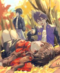 Rule 34 | 1girl, 2boys, autumn, autumn leaves, black hair, brown hair, bubble tea, closed eyes, danganronpa (series), danganronpa v3: killing harmony, drink, facial hair, falling leaves, goatee, harukawa maki, hat, highres, holding, holding drink, jacket, knees up, leaf, long hair, looking at viewer, looking up, lying, mole, mole under eye, momota kaito, multiple boys, nemari (nemaru 0907), on back, on ground, open clothes, open jacket, open mouth, outdoors, purple hair, red eyes, red scarf, saihara shuichi, scarf, short hair, sitting, skirt, spiked hair, standing, tree, twintails, yellow eyes