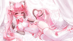 Rule 34 | 1girl, animal ear fluff, animal ears, bare shoulders, black gloves, bow, breasts, cat ears, cat girl, cat tail, cleavage, clothing cutout, commentary request, covered navel, curtains, detached sleeves, elbow gloves, frilled pillow, frills, garter straps, gloves, hair bow, heart, heart-shaped pillow, heart tail, high heels, highres, leotard, long hair, lying, medium breasts, on side, original, pillow, pink bow, pink footwear, pink sleeves, puffy short sleeves, puffy sleeves, red bow, shoes, short sleeves, solo, tail, tail bow, tail ornament, tandohark, thighhighs, underboob, underboob cutout, very long hair, white bow, white leotard, white thighhighs