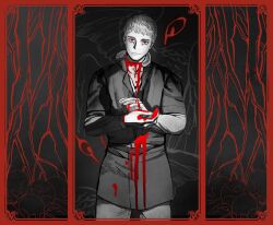 Rule 34 | 1boy, belt, bleeding, blood, blood on clothes, blood on hands, border, closed mouth, cowboy shot, dungeon meshi, feathered wings, fur trim, hands up, highres, laios touden, layered sleeves, long sleeves, male focus, monochrome, red eyes, red theme, shanshen, short hair, short over long sleeves, short sleeves, skull, slit throat, smile, solo, spoilers, spot color, winged lion (dungeon meshi), wings