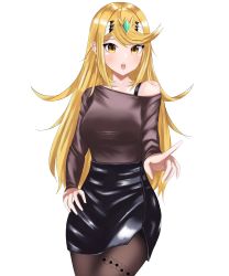 Rule 34 | 1girl, :o, absurdres, blonde hair, blush, earrings, hand on own hip, highres, jewelry, langspower, leather skirt, long hair, long sleeves, looking at viewer, mythra (xenoblade), off shoulder, open mouth, pantyhose, pencil skirt, pointing, skirt, solo, standing, tiara, xenoblade chronicles (series), xenoblade chronicles 2, yellow eyes