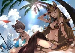 Rule 34 | 10s, 2girls, animal ears, arm garter, arm support, arm up, ball, bare shoulders, beach, beach chair, beach umbrella, beachball, bikini, black bikini, blonde hair, bracer, breasts, bridal garter, brown eyes, brown hair, chair, cherry, cleavage, closed mouth, cloud, cloudy sky, cocktail, cocktail glass, crossed legs, cup, day, detached collar, drinking glass, drinking straw, dutch angle, erune, folding chair, food, frills, fruit, granblue fantasy, grey hair, groin, hair ornament, hand on own cheek, hand on own face, hand on own head, head rest, highres, ice, ice cube, lens flare, licking lips, long hair, looking at viewer, medium breasts, metera (granblue fantasy), mole, mole under mouth, multiple girls, navel, on ground, outdoors, palm tree, sand, sarong, seiza, shade, short hair, siblings, sideboob, sisters, sitting, sky, smile, stella (granblue fantasy), stomach, string bikini, sutera (granblue fantasy), swimsuit, table, tongue, tongue out, transparent, tree, umbrella, under tree, very long hair, white bikini, yuu (higashi no penguin)