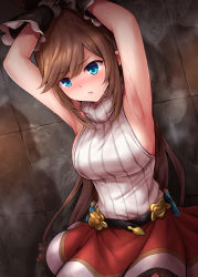 Rule 34 | 1girl, armpits, arms up, bare shoulders, belt, black gloves, blue eyes, blush, breasts, brown hair, clarisse (granblue fantasy), cuffs, gloves, granblue fantasy, highres, large breasts, long hair, marugoshi (54burger), open mouth, ponytail, red skirt, restrained, skirt, sleeveless, sleeveless turtleneck, sweater, swept bangs, test tube, turtleneck, turtleneck sweater, white sweater