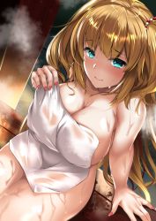 Rule 34 | 1girl, akai haato, blonde hair, blue eyes, blush, breasts, circussion, cleavage, covering privates, full-face blush, hair ornament, highres, hololive, large breasts, long hair, looking at viewer, nail polish, naked towel, nude cover, sitting, smile, solo, steam, towel, very long hair, virtual youtuber, wet
