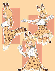 Rule 34 | +++, 1girl, :d, absolutemabbak, animal ears, bare shoulders, blonde hair, blush, bow, bowtie, commentary, cropped legs, elbow gloves, fang, gloves, high-waist skirt, highres, kemono friends, medium hair, multiple views, open mouth, outline, outstretched arms, print gloves, print legwear, print neckwear, print skirt, profile, serval (kemono friends), serval print, serval tail, shirt, simple background, skirt, sleeveless, sleeveless shirt, smile, spread arms, tail, tail wagging, thighhighs, white outline, white shirt, yellow eyes