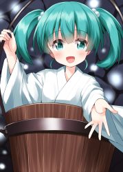Rule 34 | 1girl, blush, bucket, green eyes, green hair, hair between eyes, hair bobbles, hair ornament, highres, japanese clothes, kimono, kisume, long sleeves, open mouth, ruu (tksymkw), short hair, smile, solo, touhou, twintails, white kimono, wide sleeves
