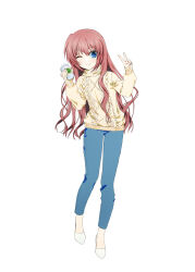 Rule 34 | 1girl, ;), a-chan senpai, absurdres, alternate costume, blue eyes, brown hair, casual, closed mouth, commentary, cup, denim, disposable cup, full body, hair between eyes, hands up, highres, holding, holding cup, jeans, light blush, little busters!, long hair, looking at viewer, natsuoto rito, no socks, one eye closed, pants, sidelocks, simple background, sleeves past wrists, smile, solo, standing, sweater, tachi-e, turtleneck, turtleneck sweater, v, v-shaped eyebrows, very long hair, wavy hair, white background, yellow sweater