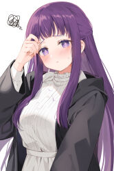Rule 34 | 1girl, :t, black coat, blunt bangs, blush, breasts, closed mouth, coat, dress, fern (sousou no frieren), frilled dress, frills, highres, kurasawa moko, large breasts, long hair, long sleeves, looking at viewer, open clothes, open coat, pout, purple eyes, purple hair, simple background, solo, sousou no frieren, squiggle, straight hair, sweatdrop, upper body, white background, white dress