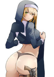 Rule 34 | 1girl, absurdres, ass, ass-to-ass, back, blush, closed mouth, clothes lift, dress, dress lift, eyes visible through hair, fingernails, green eyes, gun, handgun, highres, holster, holstered, kyoyakyo, lifted by self, looking back, nun, original, panties, simple background, solo, thong, turtleneck, underwear, weapon, white background