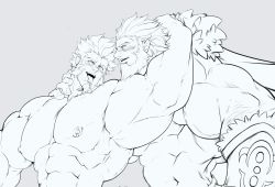 Rule 34 | 2boys, abs, aftersex, arm around neck, bara, beard, blush, close-up, couple, facial hair, fate/grand order, fate (series), goatee, greyscale, highres, holo eden, iskandar (fate), long sideburns, male focus, manly, monochrome, multiple boys, muscular, napoleon bonaparte (fate), nipples, pectorals, saliva, saliva trail, sideburns, smile, yaoi