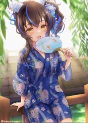 Rule 34 | 1girl, alternate costume, animal ears, blue hair, blue shirt, blue shorts, brown hair, centre ondo kimono (umamusume), colored inner hair, corrupted twitter file, daitaku helios (umamusume), fang, fence, floral print, flower, hair flower, hair ornament, hairclip, hand fan, hand up, highres, holding, holding fan, horse ears, japanese clothes, jinbei (clothes), lens flare, long hair, long sleeves, looking at viewer, multicolored hair, multicolored nails, open mouth, paper fan, peteron, shirt, shorts, side ponytail, sitting, skin fang, smile, solo, streaked hair, twitter username, uchiwa, umamusume, yellow eyes