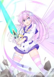 Rule 34 | 1girl, absurdres, blush, collar, commentary request, d-pad, d-pad hair ornament, dress, energy sword, hair between eyes, hair ornament, highres, holding, holding sword, holding weapon, light particles, long hair, long sleeves, looking at viewer, naoya (naoya ee), neckerchief, nepgear, neptune (series), open mouth, pink thighhighs, power symbol, power symbol-shaped pupils, purple eyes, purple hair, sailor collar, sailor dress, sidelocks, simple background, solo, striped clothes, striped thighhighs, sword, symbol-shaped pupils, thigh strap, thighhighs, weapon, white background, white dress, white thighhighs, yellow neckerchief, zettai ryouiki