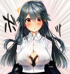 Rule 34 | 1girl, alternate costume, black hair, bra, breasts, bursting breasts, commentary request, dress shirt, emphasis lines, facing viewer, frilled bra, frills, gold hairband, hair ornament, hairband, hairclip, haruna (kancolle), kantai collection, large breasts, long hair, office lady, orange eyes, popped button, shirt, solo, tsukui kachou, underwear, upper body, white background