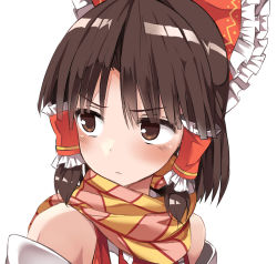 Rule 34 | 1girl, benikurage (cookie), benjamin button suukina jinsei, blush, bow, brown eyes, brown hair, closed mouth, cookie (touhou), detached sleeves, frilled bow, frills, hair bow, hair tubes, hakurei reimu, looking to the side, matching hair/eyes, portrait, red bow, scarf, sidelocks, simple background, solo, touhou, white background