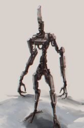 Rule 34 | absurdres, cable, dashimaki (dasimakitama50), fewer digits, full body, grey background, highres, humanoid robot, no humans, orange eyes, original, robot, science fiction, shadow