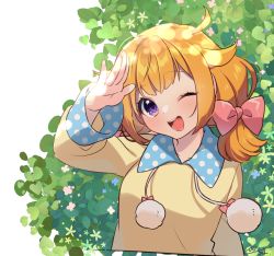 Rule 34 | 1girl, ;d, arm up, blonde hair, bow, breasts, brown shirt, copyright request, cropped torso, hair bow, head tilt, highres, long sleeves, looking at viewer, low twintails, one eye closed, open mouth, pink bow, polka dot, purple eyes, sakura chiyo (konachi000), shirt, short twintails, signature, simple background, small breasts, smile, solo, twintails, upper body, virtual youtuber, white background