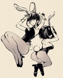 Rule 34 | 2girls, animal ears, ass, black bow, black bowtie, black hair, black leotard, bow, bowtie, breasts, bunny day, covered eyes, covered navel, detached collar, fake animal ears, fake tail, fishnet pantyhose, fishnets, glasses, hair over eyes, hikage monogatari, kazura yukie, large breasts, leotard, looking at viewer, medium breasts, miura chinami, multiple girls, pantyhose, playboy bunny, ponytail, rabbit ears, rabbit pose, rabbit tail, short hair, side-tie leotard, sidelocks, strapless, strapless leotard, tail, thighs, urin, wrist cuffs