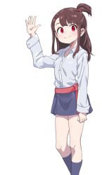 Rule 34 | 1girl, blue skirt, brown hair, closed mouth, collared shirt, domdom, hand up, kagari atsuko, little witch academia, looking at viewer, red eyes, shirt, short ponytail, simple background, skirt, smile, solo, white background, white shirt