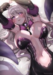 Rule 34 | 1girl, absurdres, bazeelle, black dress, blush, bow, breasts, center opening, commission, detached sleeves, dress, grey hair, highres, indie virtual youtuber, large breasts, long hair, looking at viewer, lying, navel, on back, on bed, open mouth, purple bow, skeb commission, smile, solo, virtual youtuber, yayoi maka
