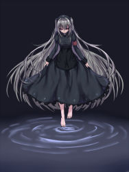 Rule 34 | 1girl, apron, armband, barefoot, black dress, black hat, chinese commentary, closed mouth, collared dress, commentary request, cross, dress, full body, grey background, grey hair, hat, highres, indie virtual youtuber, long hair, long sleeves, looking at viewer, minai karte, nurse cap, red eyes, ripples, solo, two side up, very long hair, virtual youtuber, yeklsa