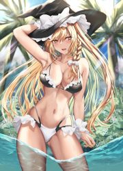 Rule 34 | 1girl, adapted costume, arm behind head, arm up, armpits, bare arms, bikini, blonde hair, bow, braid, breasts, broom, broom riding, bush, cleavage, frilled bikini, frills, gluteal fold, hair bow, hat, hat bow, highres, in water, kaeranu kaeru, kirisame marisa, large breasts, long hair, looking at viewer, navel, outdoors, palm tree, side braid, single braid, swimsuit, touhou, tree, wading, white bow, witch hat, yellow eyes