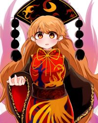 Rule 34 | 1girl, absurdres, alternate eye color, belt, black dress, black hat, bow, bowtie, breasts, brown belt, chinese clothes, commentary request, crescent, dress, energy, eyes visible through hair, hair between eyes, hand up, hat, highres, junko (touhou), long hair, long sleeves, looking at viewer, medium breasts, open mouth, orange hair, phoenix crown, pom pom (clothes), simple background, smile, solo, standing, tabard, touhou, white background, wide sleeves, yasui nori, yellow bow, yellow bowtie, yellow eyes