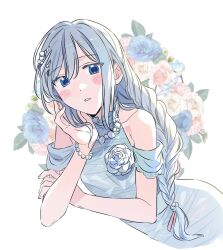 Rule 34 | 1girl, arm support, bare shoulders, blue dress, blue eyes, blue hair, bracelet, braid, collarbone, cowboy shot, detached sleeves, dress, floral background, flower, hair ornament, hair ribbon, hand on own chin, highres, jewelry, kkamvill, leaning to the side, long hair, looking at viewer, necklace, parted lips, pearl bracelet, pearl hair ornament, pearl necklace, pink ribbon, project sekai, ribbon, solo, tonari ni tatsu yasashii anata e (project sekai), yoisaki kanade