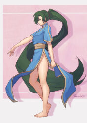 Rule 34 | 1girl, absurdly long hair, artist name, bare legs, barefoot, blue dress, blue eyes, border, breasts, closed mouth, commentary, dress, english commentary, feet, fire emblem, fire emblem: the blazing blade, from side, full body, green hair, grey border, heel up, highres, legs, long hair, looking at viewer, lyn (fire emblem), medium breasts, nintendo, phrecklesart, pink background, ponytail, shadow, short sleeves, side slit, sidelocks, signature, solo, standing, thighs, toes, very long hair
