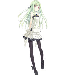 Rule 34 | 1girl, arms behind back, bare shoulders, black pantyhose, casual, full body, green hair, jewelry, legs, long hair, miyuki (poko), necklace, original, pantyhose, poco (asahi age), red eyes, simple background, skirt, solo, white background