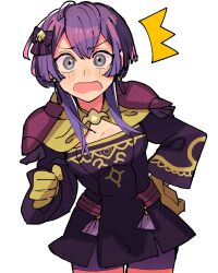 Rule 34 | 1girl, absurdres, armor, bernadetta von varley, blush, commentary request, dress, fire emblem, fire emblem: three houses, gloves, grey eyes, hair between eyes, hair ribbon, hand on own hip, highres, kurimori, long sleeves, looking at viewer, nintendo, open mouth, pauldrons, purple dress, purple hair, purple shorts, ribbon, short hair, short hair with long locks, shorts, shoulder armor, sidelocks, simple background, solo, white background, yellow gloves