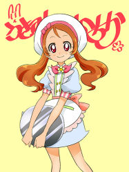 Rule 34 | 10s, 1girl, apron, blue dress, bow, brown hair, character name, cowboy shot, dress, flower, hat, kirakira precure a la mode, long hair, looking at viewer, pink bow, precure, puffy sleeves, red eyes, smile, solo, tray, twintails, usami ichika, venuscho, white hat, yellow background