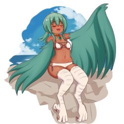 Rule 34 | 1girl, bikini, bird legs, blush, breasts, closed eyes, commentary, commission, dark-skinned female, dark skin, english commentary, fang, green hair, green wings, hair between eyes, harpy, highres, long hair, low twintails, monster girl, nav (itsnav), open mouth, original, outdoors, pendant choker, sidelocks, sitting, small breasts, solo, swimsuit, talons, twintails, white bikini, wide hips, wings